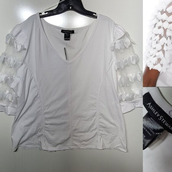 NEW 26 28 ASHLEY STEWART EMBELLISHED WHITE SHEER SLEEVE STRETCH TOP 2X 3X NWT - Picture 4 of 5